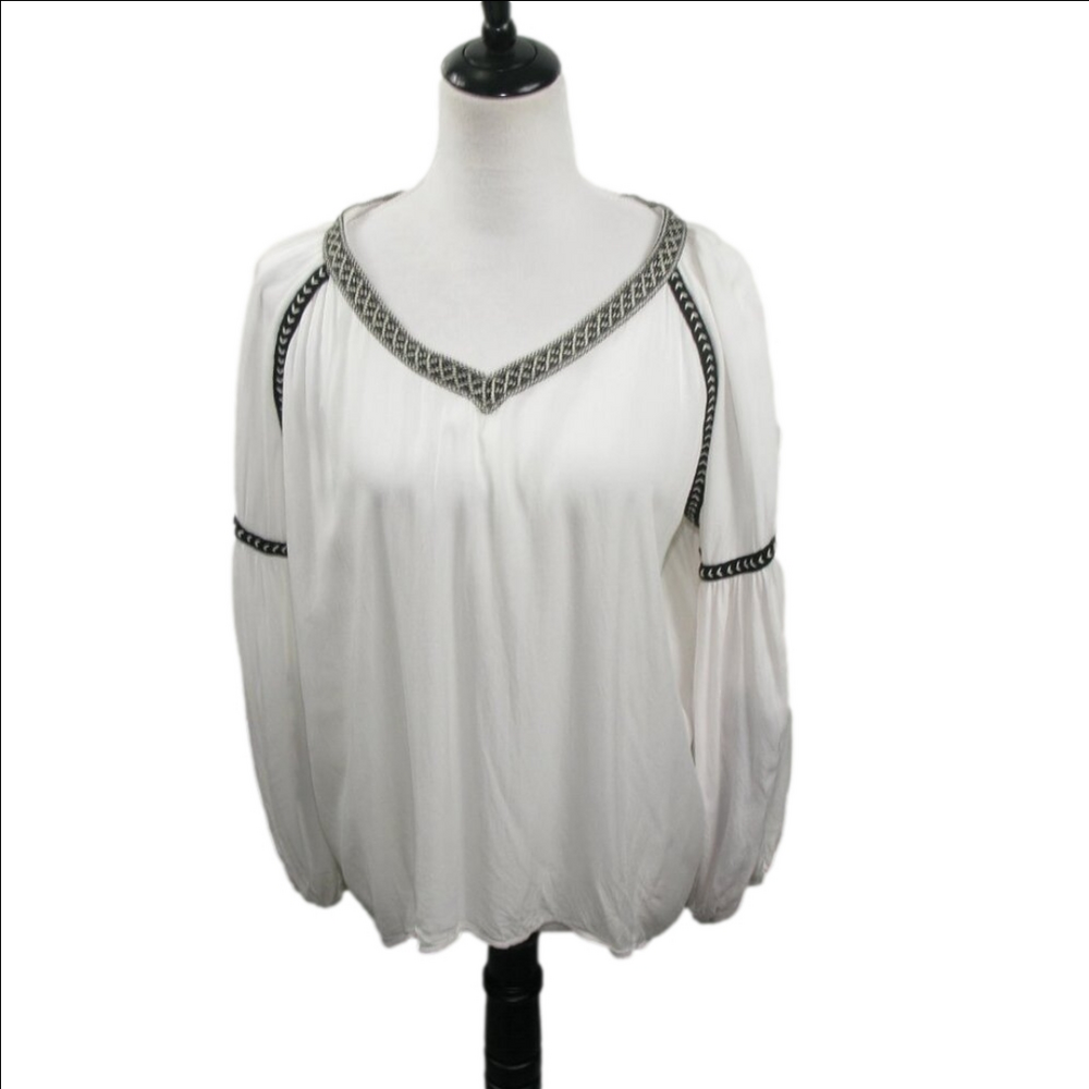 Blue Rain White Patterned Sleeve Boho Blouse Size… - image 3